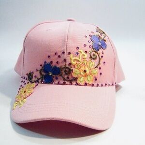 Handcrafted Rhinestone Bling Floral accent Streetwear HipHop Style Pink Cap Hat